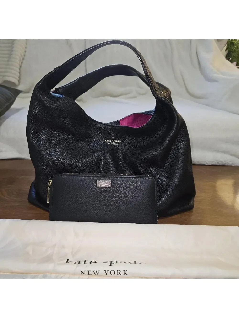 Kate Spade Mansfield Juniper Hobo Bag & Matching Zip Wallet Set - Black Leather